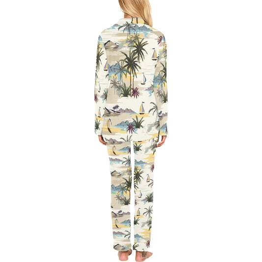 Palm Tree Beach Print Women's Long Pajama Set