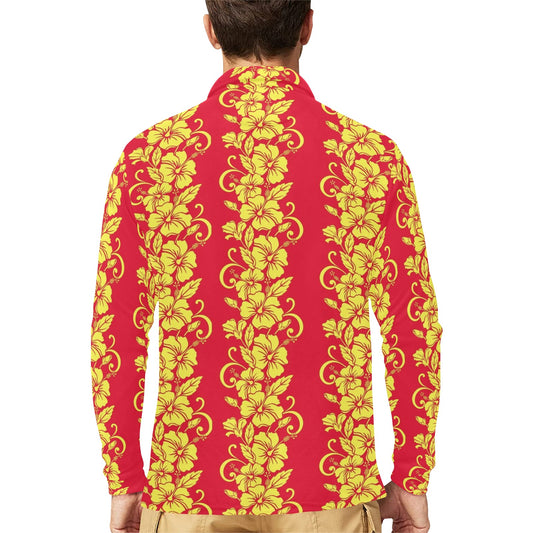 Orange Hibiscus Pattern Print Design HB018 Long Sleeve Polo Shirt For Men's