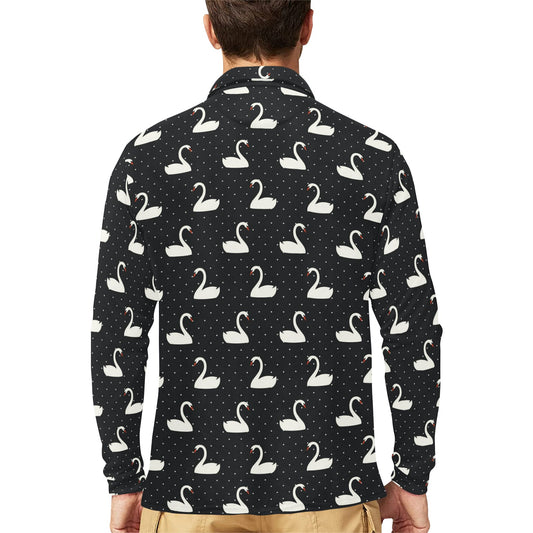 Swan Print Design LKS401 Long Sleeve Polo Shirt For Men's