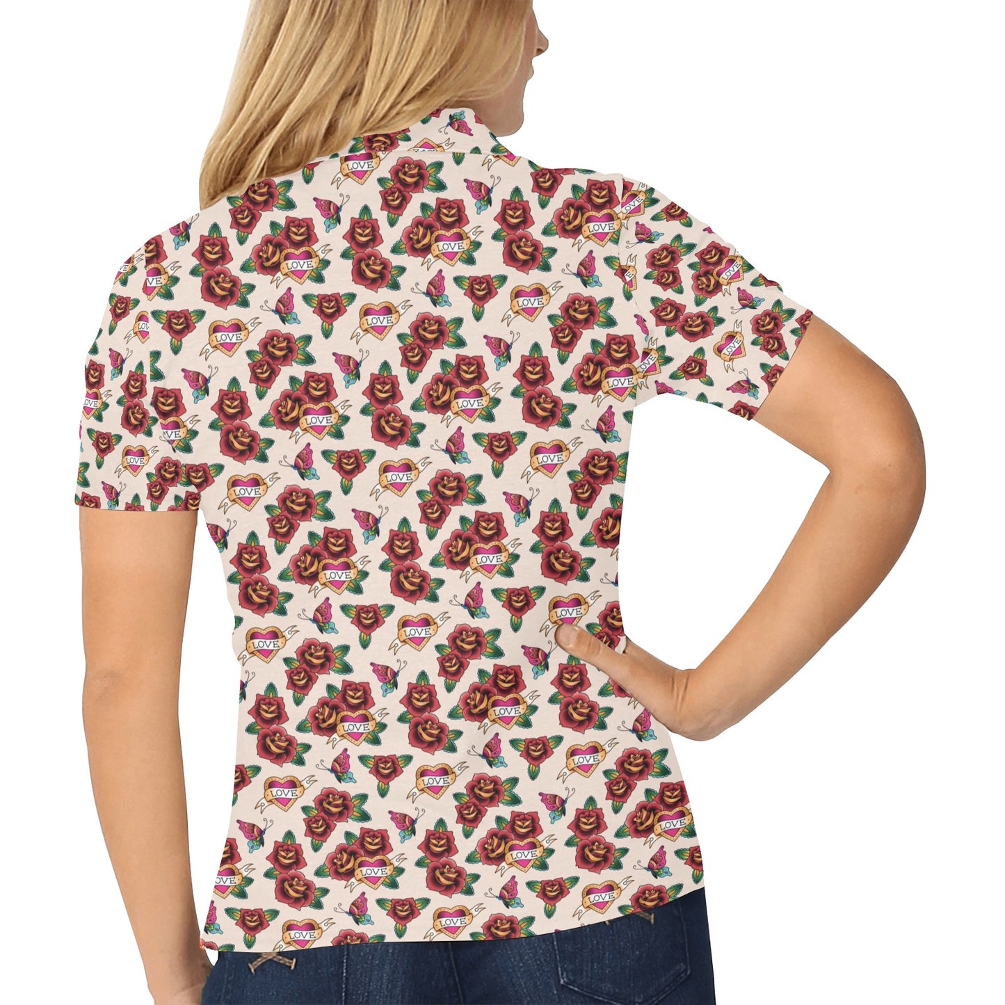 Old School Tattoo Rose Pattern Women's Polo Shirt