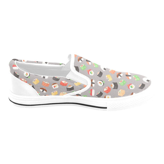 Sushi Print Design LKS307 White Slip Ons Canvas Women's Shoes