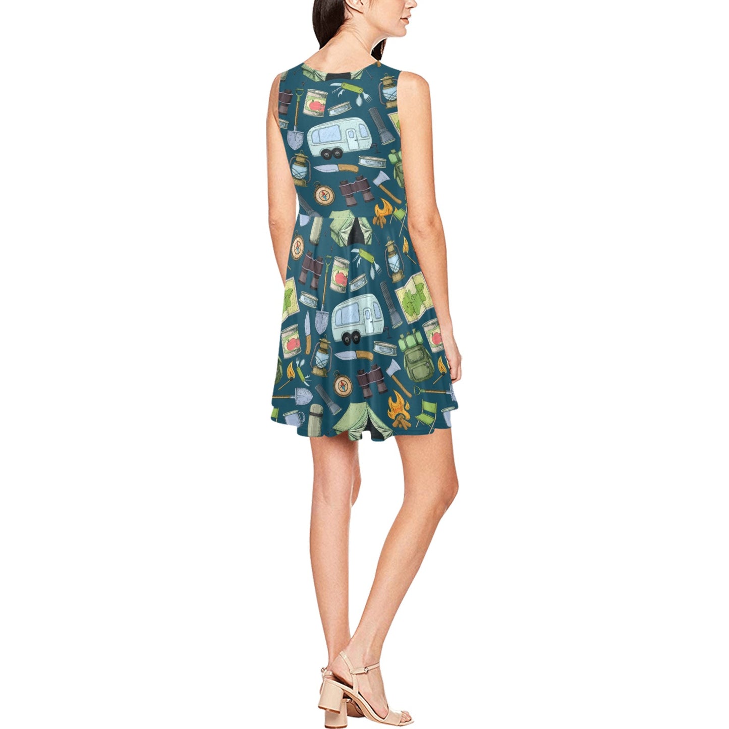 Camping Pattern Print Design 02 Sleeveless Dress