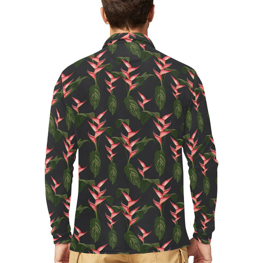 Heliconia Pattern Print Design HL07 Long Sleeve Polo Shirt For Men's