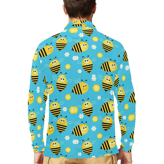 Bee Pattern Print Design BEE06 Long Sleeve Polo Shirt For Men's