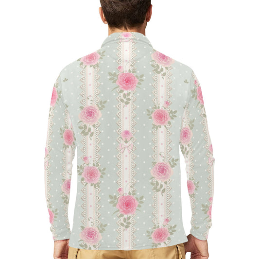 Rose Pattern Print Design RO016 Long Sleeve Polo Shirt For Men's
