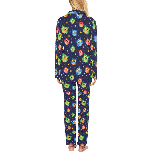 Owl with Star Themed Design Print Women's Long Pajama Set