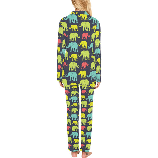 Elephant Neon Color Print Pattern Women's Long Pajama Set