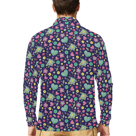Crochet Pattern Print Design 02 Long Sleeve Polo Shirt For Men's