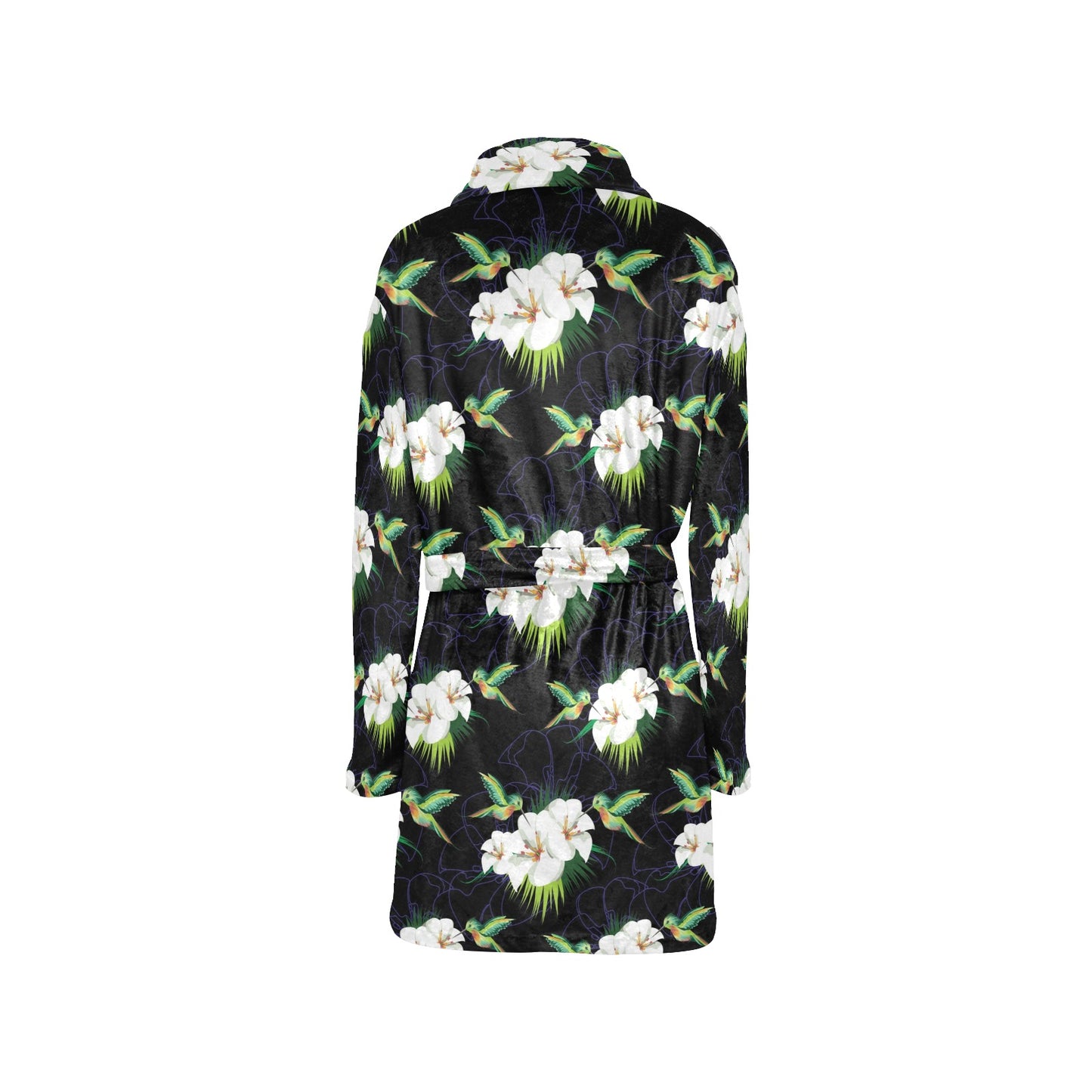 Hummingbird with Flower Pattern Print Design 03 Women's Fleece Robe
