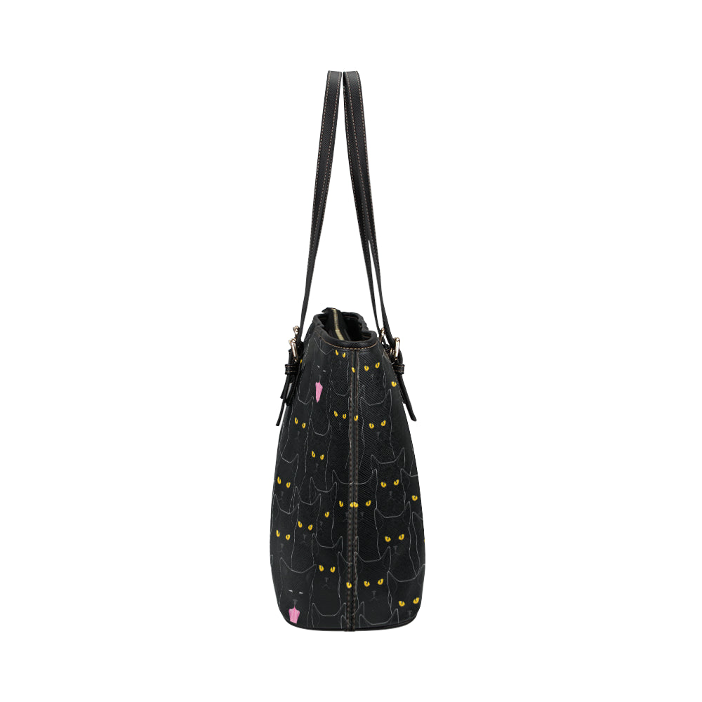 Black Cat Yellow Eyes Print Pattern Leather Tote Bag