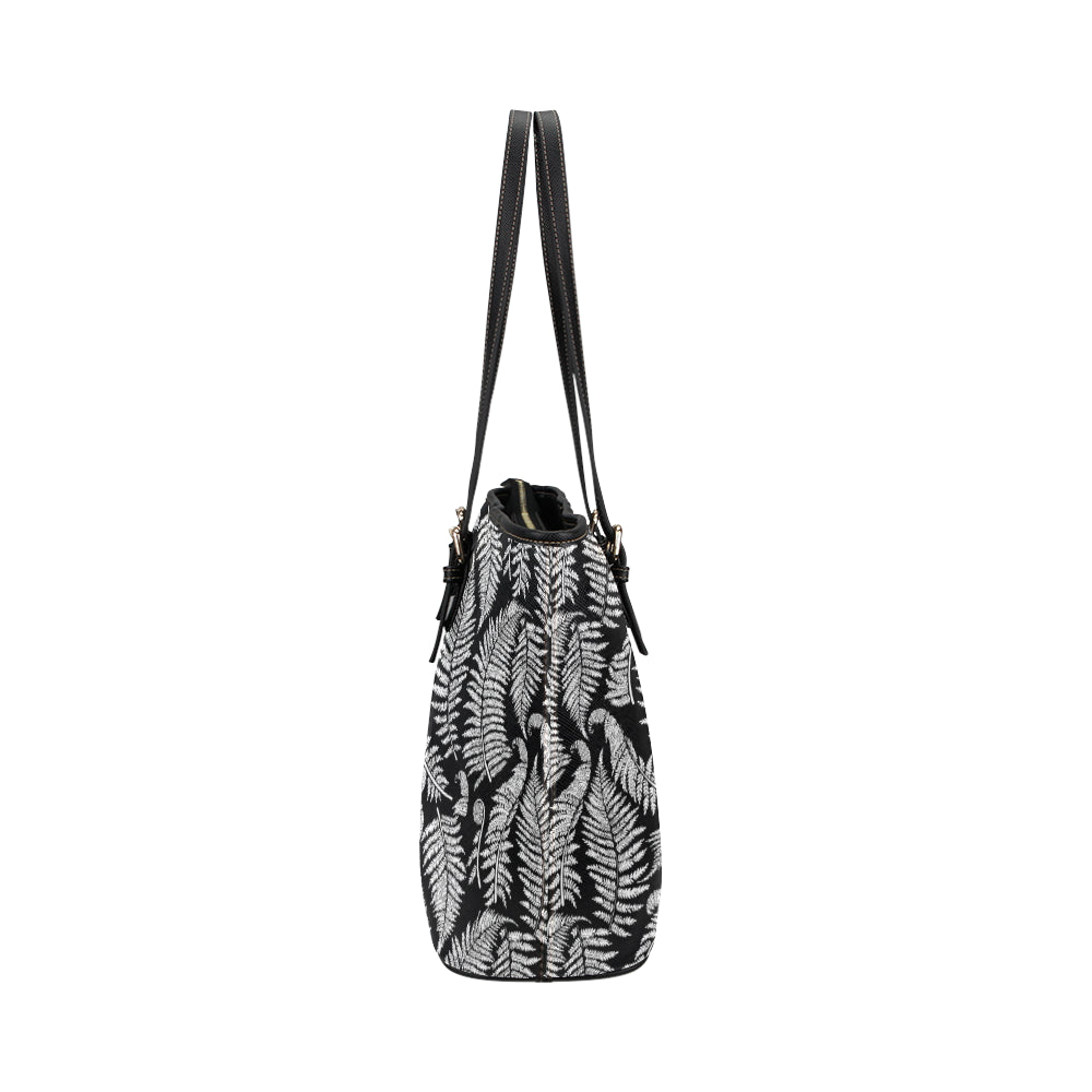 Fern Leave Black White Print Pattern Leather Tote Bag