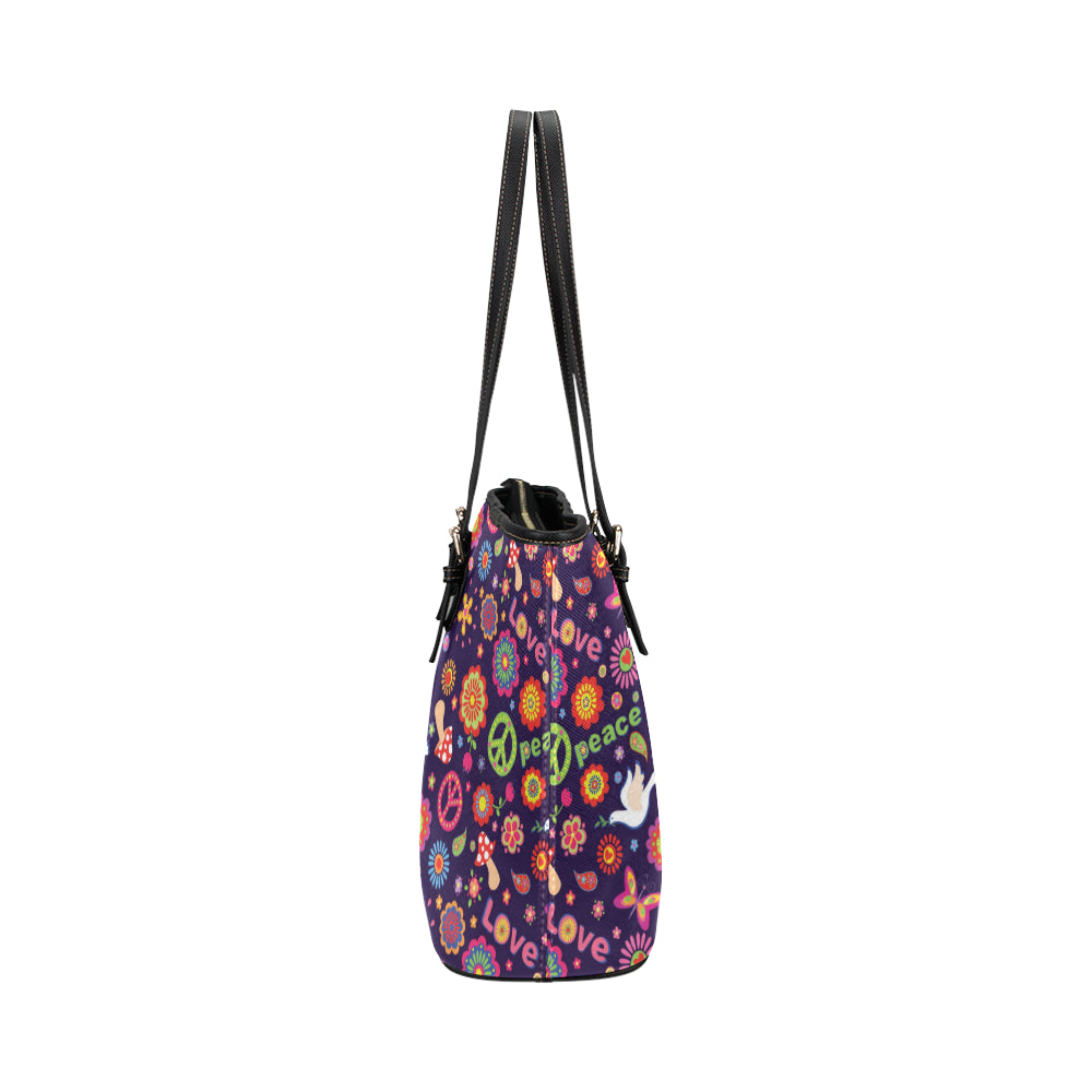 Flower Power Peace Design Print Leather Tote Bag