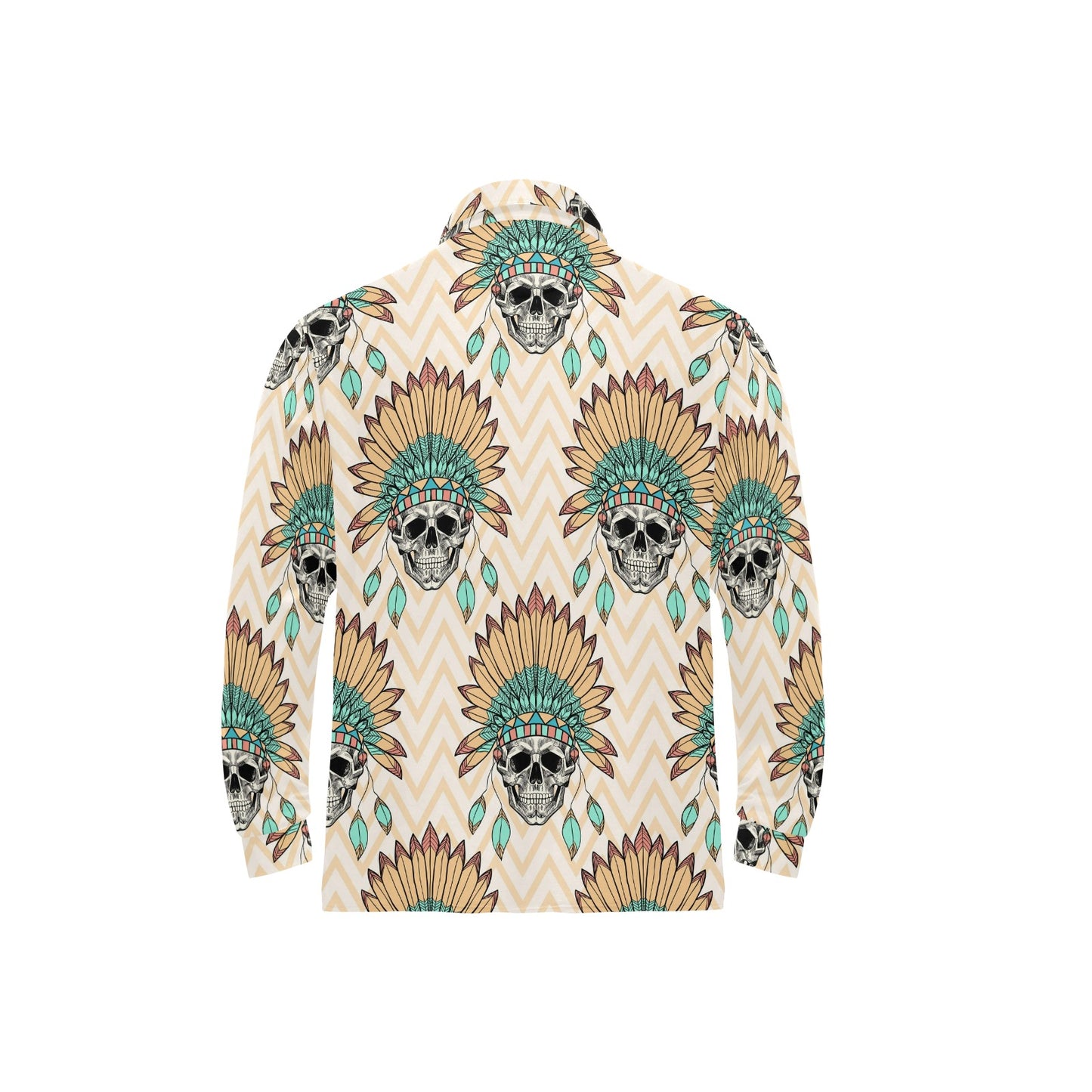 Indian Skull Pattern Long Sleeve Polo Shirt For Men's