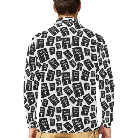 Christian Holy Bible Book Pattern Long Sleeve Polo Shirt For Men's