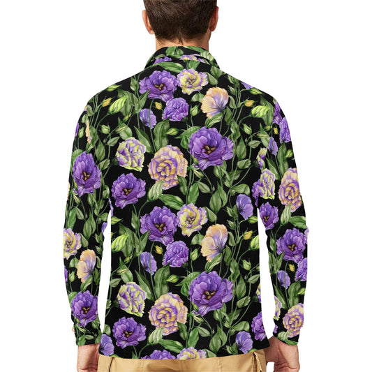 Lisianthus Pattern Print Design LT02 Long Sleeve Polo Shirt For Men's