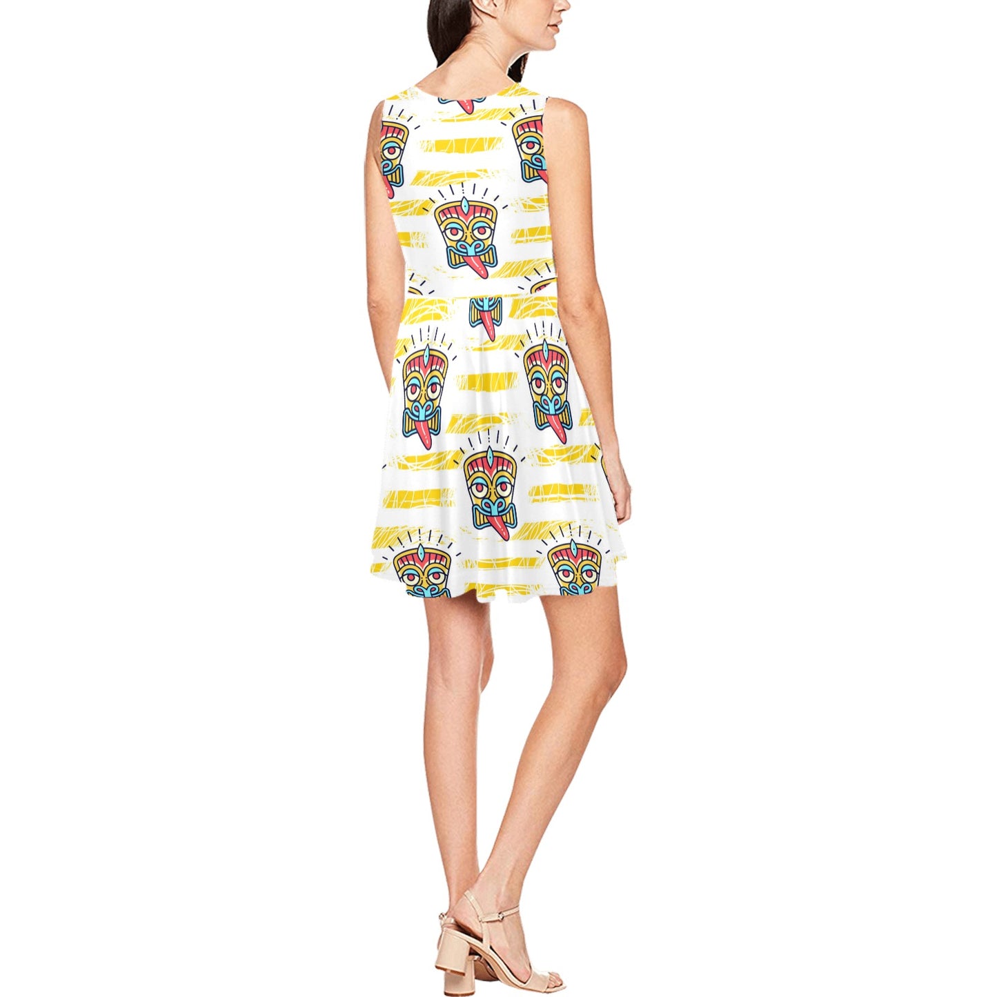Tiki Smile Mask Print Pattern Sleeveless Dress