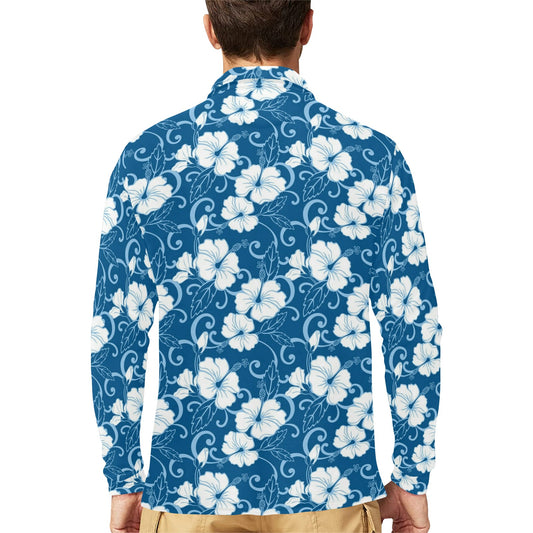 Hibiscus Pattern Print Design HB03 Long Sleeve Polo Shirt For Men's