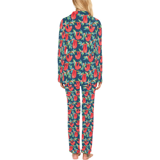 Sloth Red Design Themed Print Women's Long Pajama Set
