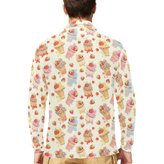 Cupcakes Strawberry Cherry Print Long Sleeve Polo Shirt For Men's