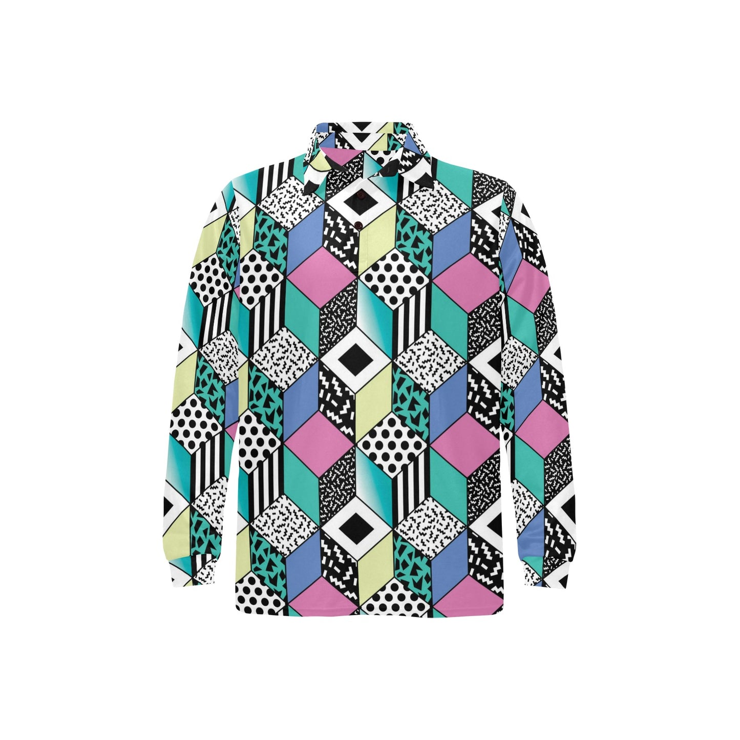 90s Pattern Print Design 3 Long Sleeve Polo Shirt For Men's