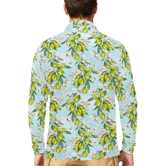 Elegant Olive Floral Print Long Sleeve Polo Shirt For Men's