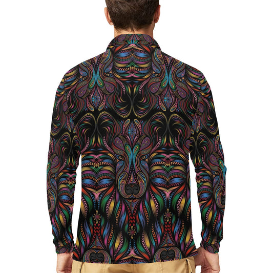 Colorful Art Wolf Long Sleeve Polo Shirt For Men's