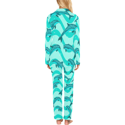 Dolphin Wave Print Women's Long Pajama Set