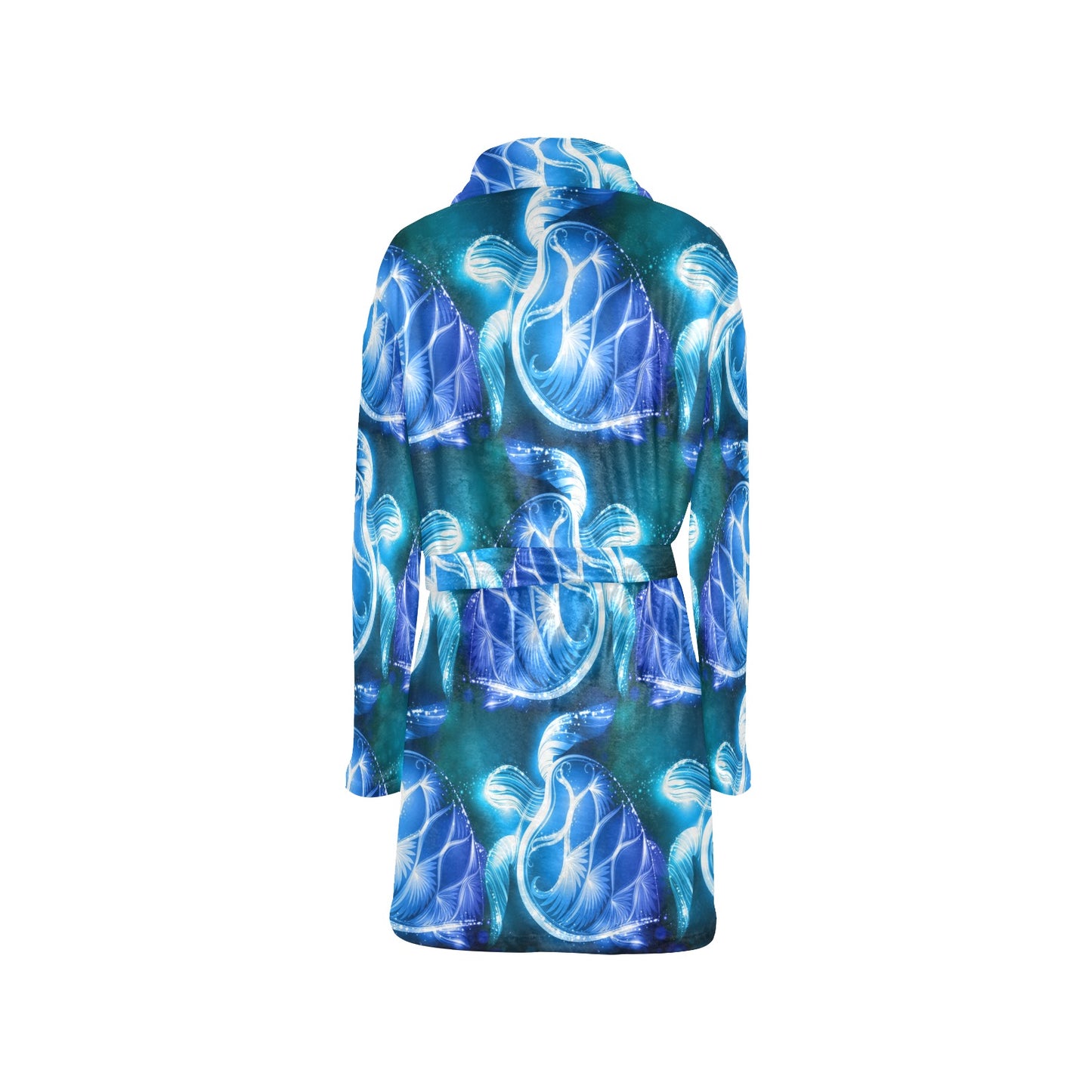Blue Neon Sea Turtle Print Women's Fleece Robe
