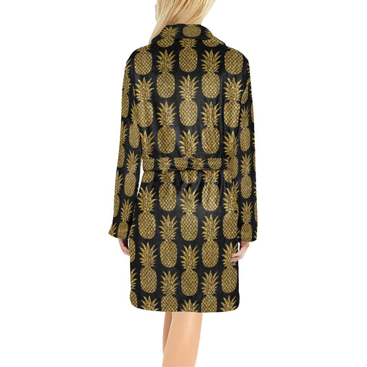 Gold Pineapple Pattern Print Design PP011 Women's Fleece Robe