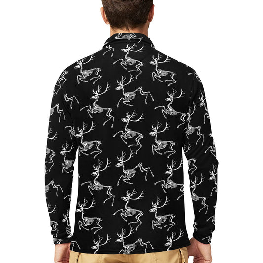 Deer Skeleton Print Pattern Long Sleeve Polo Shirt For Men's