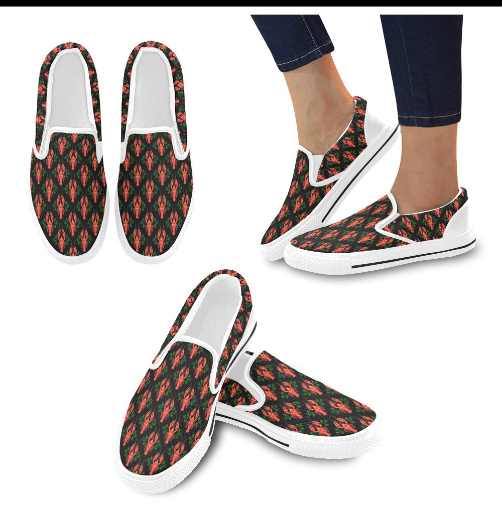 Lobster Print Design LKS403 White Slip Ons Canvas Women's Shoes