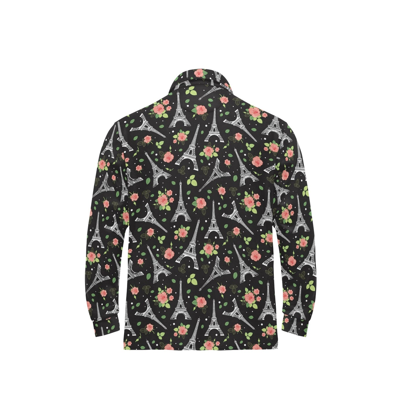 Eiffel Tower Rose Print Long Sleeve Polo Shirt For Men's