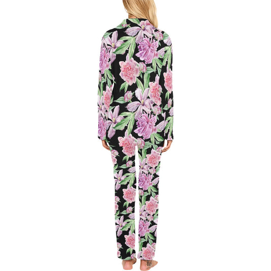Peony Pattern Print Design PE08 Women's Long Pajama Set