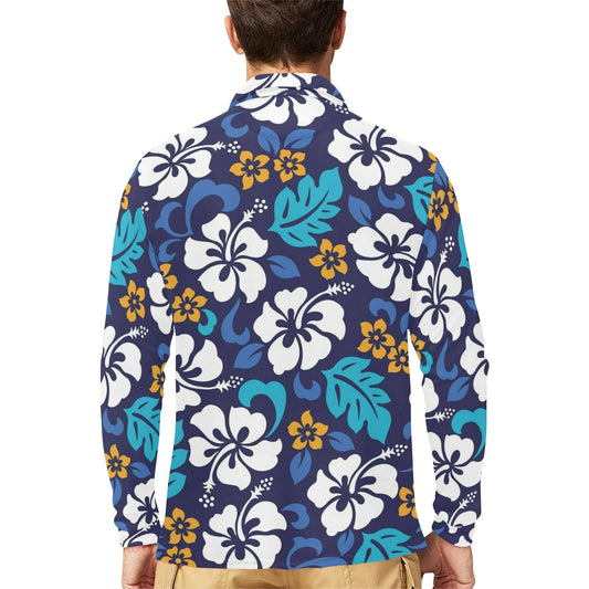 Hibiscus Pattern Print Design HB030 Long Sleeve Polo Shirt For Men's
