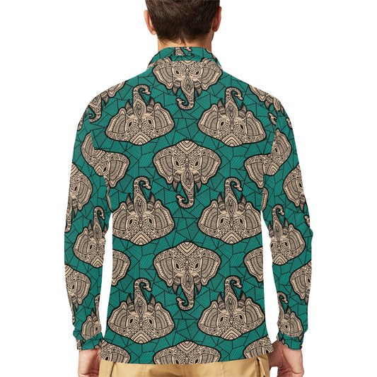 Boho Head Elephant Long Sleeve Polo Shirt For Men's