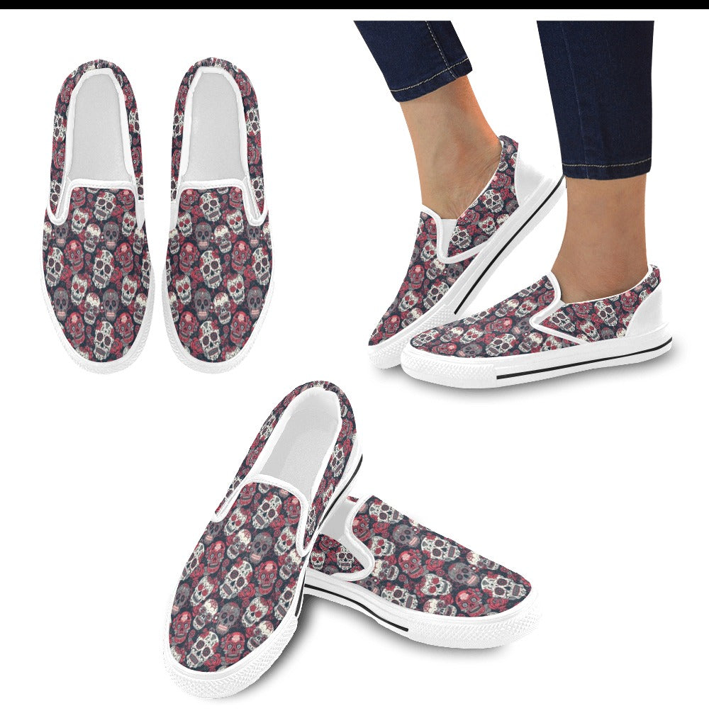 Sugar Skull Print Design LKS303 White Slip Ons Canvas Women's Shoes