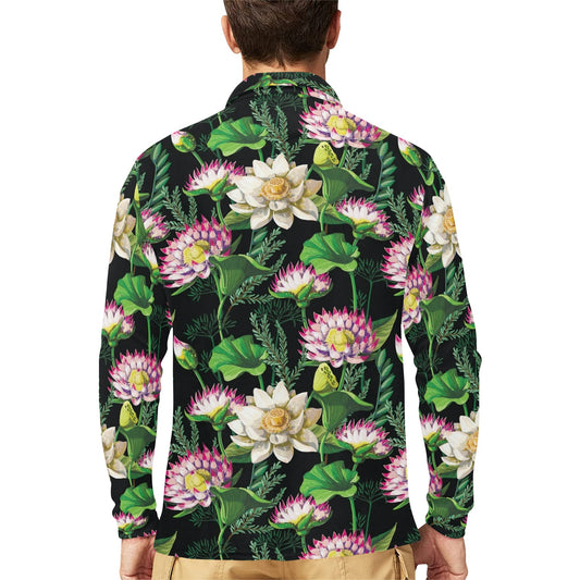 Water Lily Pattern Print Design WL010 Long Sleeve Polo Shirt For Men's