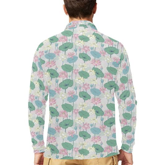 Water Lily Print Design LKS305 Long Sleeve Polo Shirt For Men's