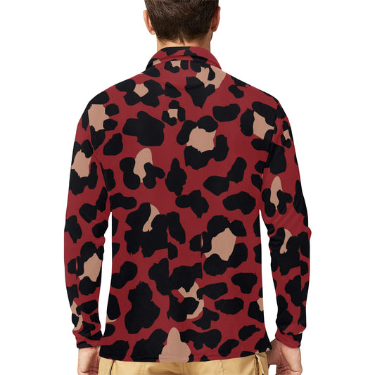Cheetah Red Print Pattern Long Sleeve Polo Shirt For Men's