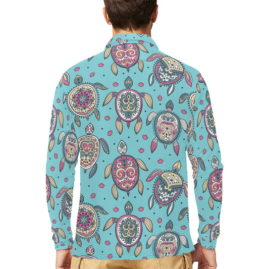 Sea Turtle Art Pattern Long Sleeve Polo Shirt For Men's