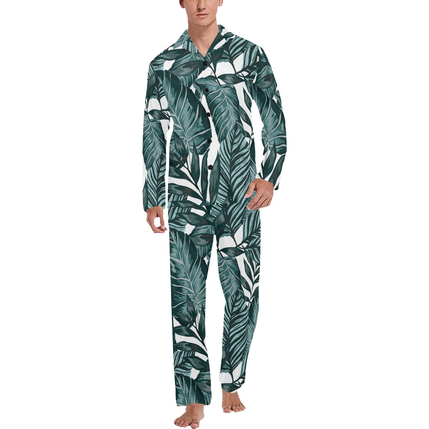 Tropical Palm Leaves Pattern Men's Long Pajama Set