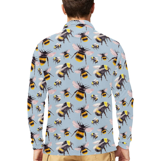 Bee Pattern Print Design BEE08 Long Sleeve Polo Shirt For Men's
