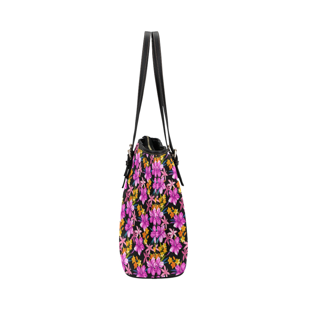 Tropical Folower Pink Hibiscus Print Leather Tote Bag