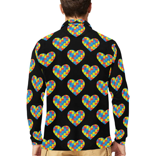 Autism Awareness Heart Design Print Long Sleeve Polo Shirt For Men's