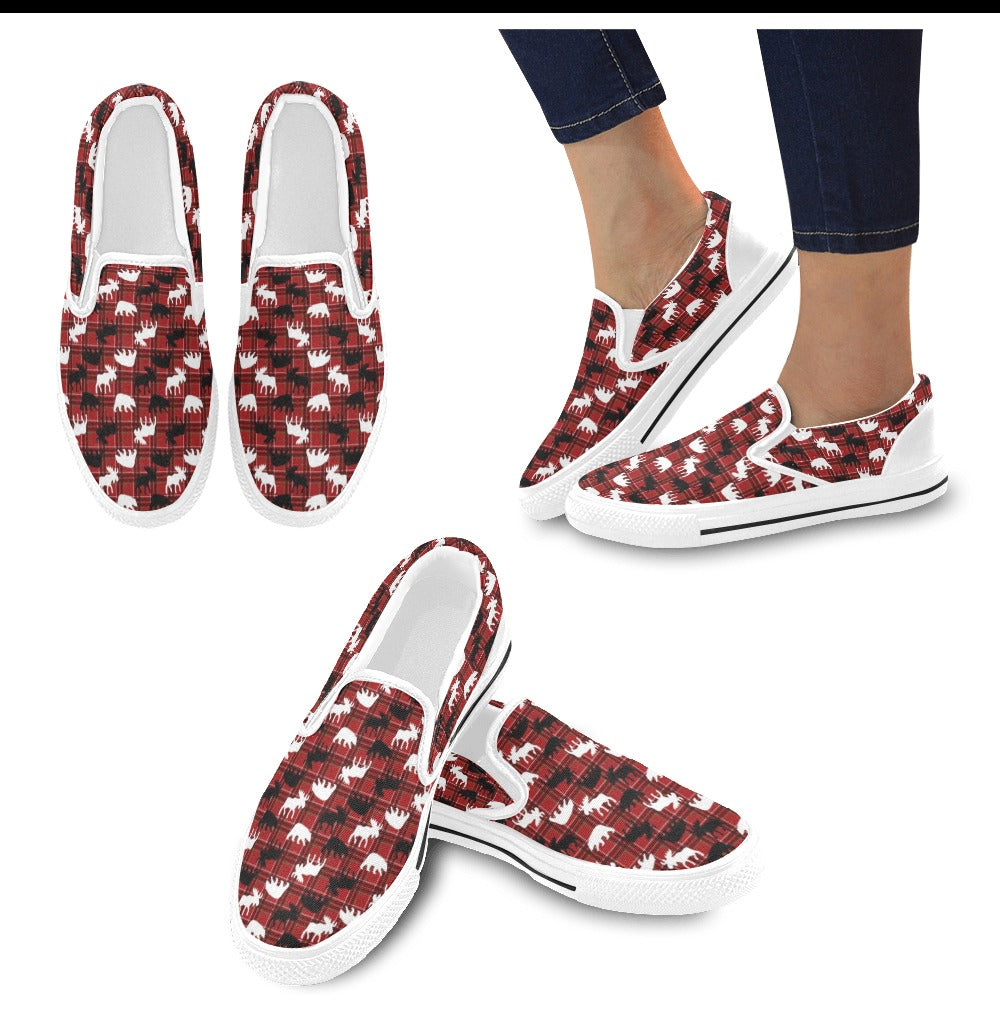 Moose Print Design LKS401 White Slip Ons Canvas Women's Shoes