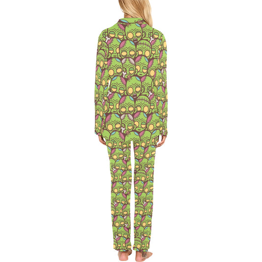 Zombie Head Design Pattern Print Women's Long Pajama Set