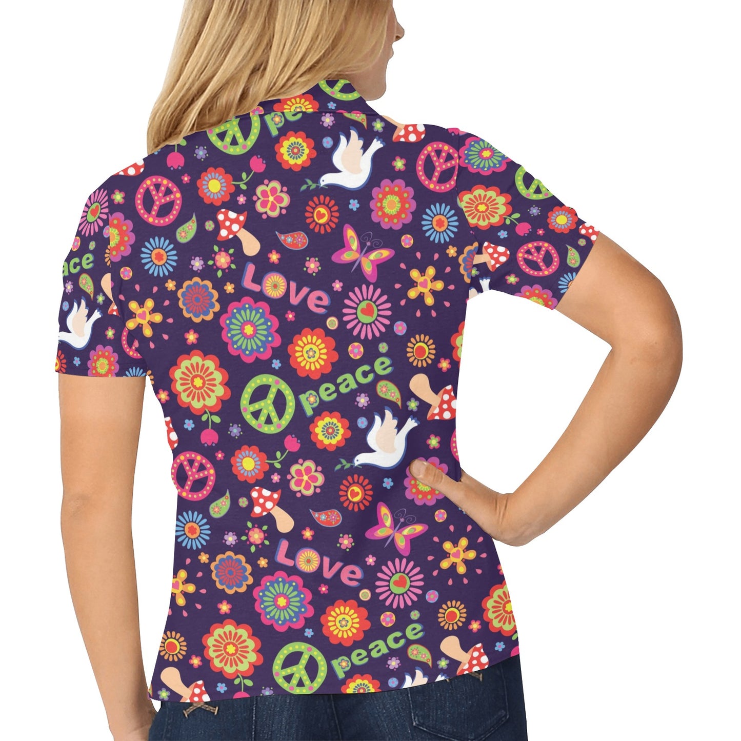 Flower Power Peace Design Print Women's Polo Shirt