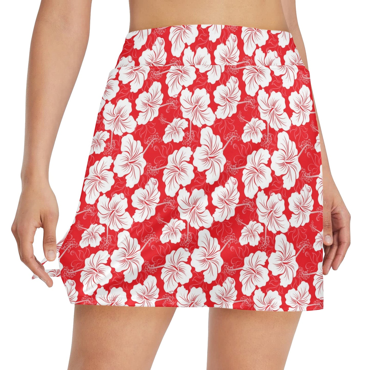 Flower Hawaiian Hibiscus Red Background Print Women's Golf Skirt with Pocket