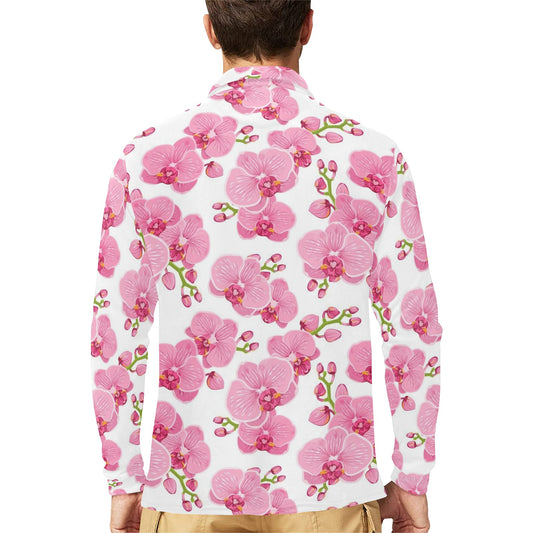 Orchid Pink Pattern Print Design OR07 Long Sleeve Polo Shirt For Men's