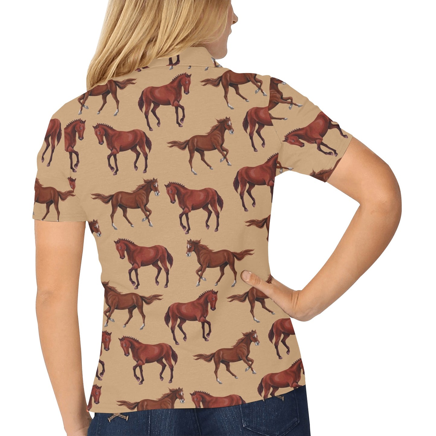 Brown Horse Print Pattern Women's Polo Shirt